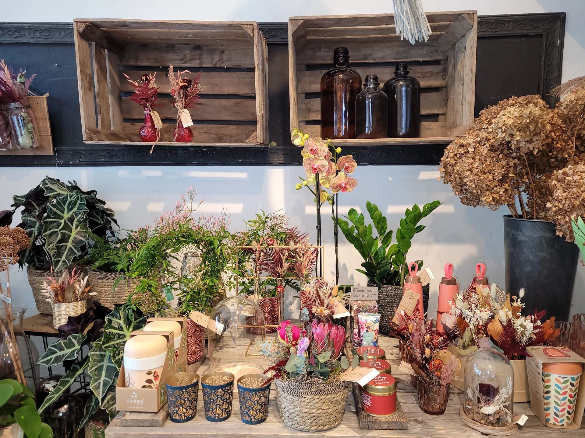 Caisses en bois au mur noir, flacons, hortensias séchés et compositions sur la table